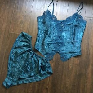 Vtg Victorias Secret Gold Label Teal Green Satin Cami High Cut Panties Set M